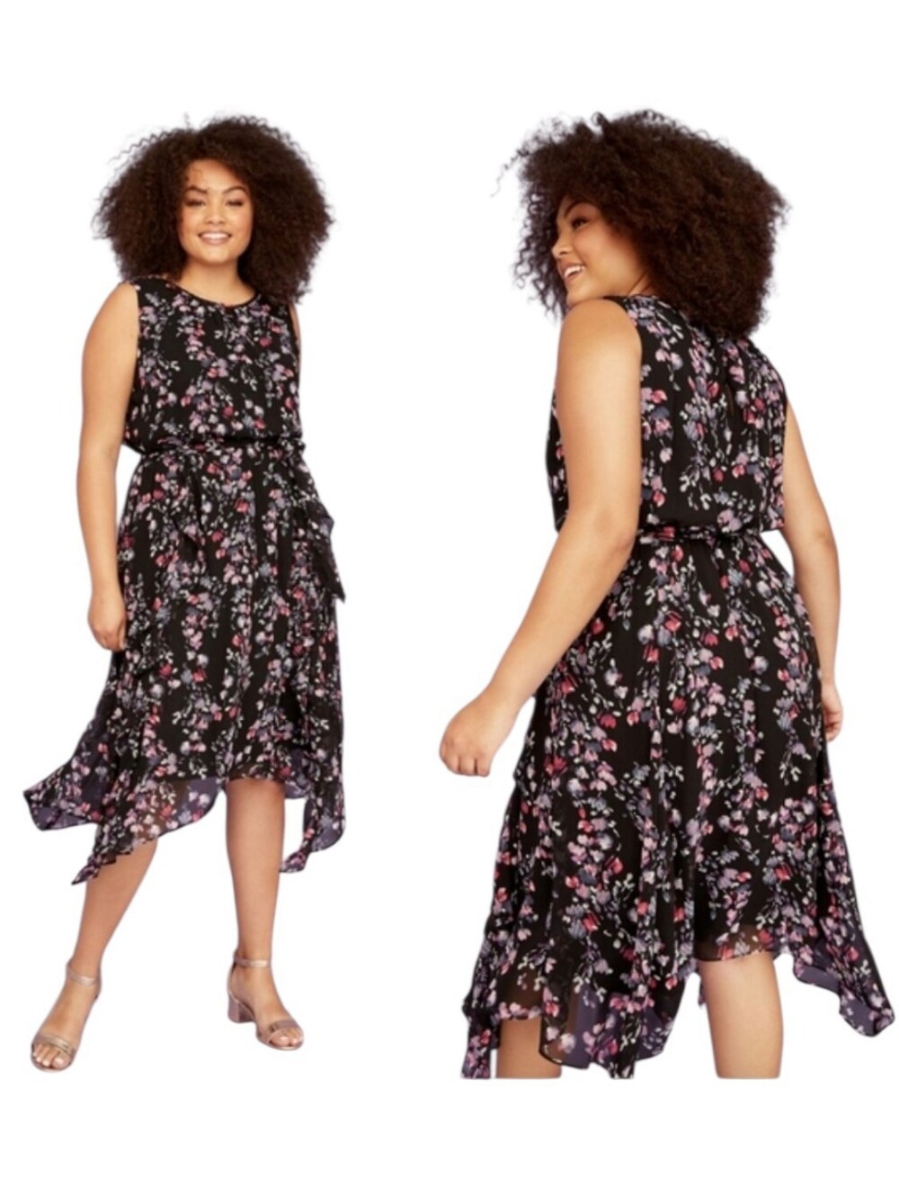 Lane Bryant New Black Pink Floral Chiffon Midi Dress Plus Size 28